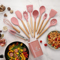 Kit Utensílios de Cozinha Silicone e Cabo de Madeira - 12 Peças