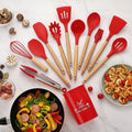 Kit Utensílios de Cozinha Silicone e Cabo de Madeira - 12 Peças